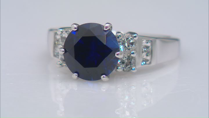 Blue Lab Created Sapphire Rhodium Over Sterling Silver Ring 4.12ctw Video Thumbnail